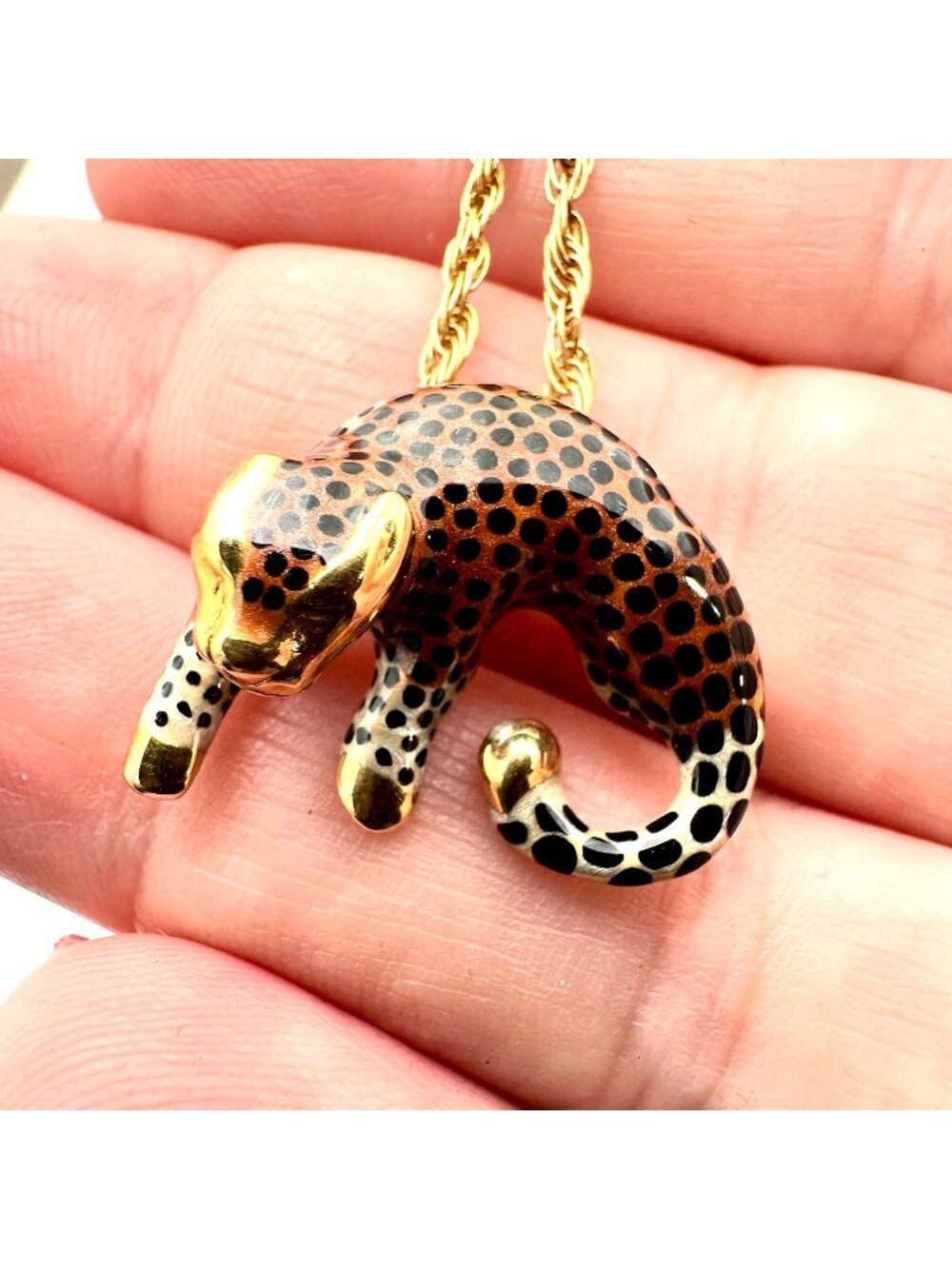 Womens Necklace 14K Gold Enamel Spotted Leopard Cougar Pendant Cheetah Cat